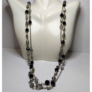 Unbranded Necklace Black Silvertone Clear beads 2 strand 28"
